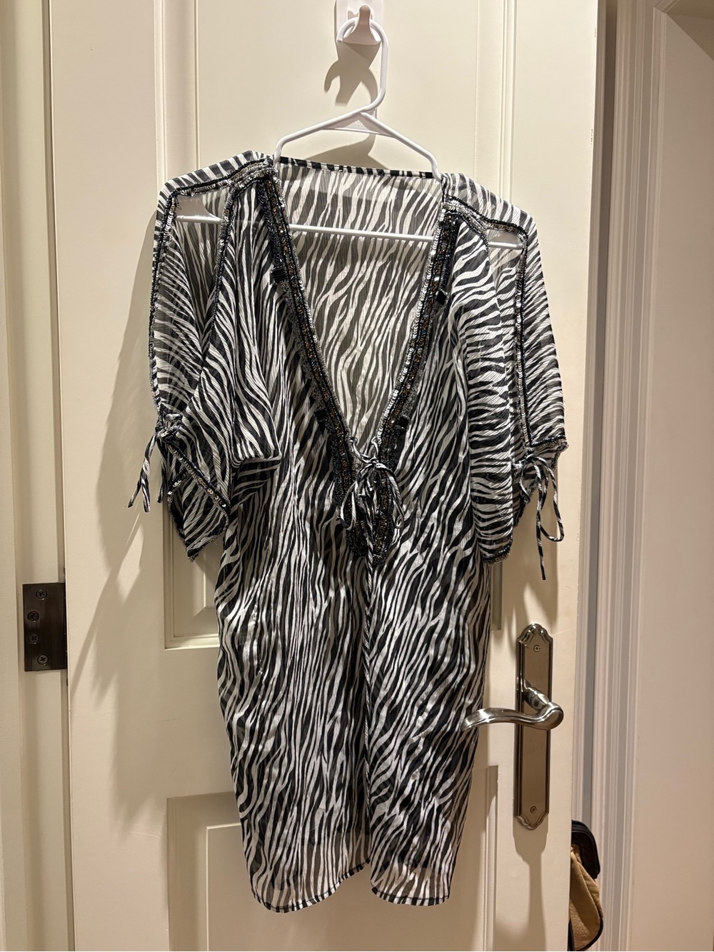Zebra Print Black & White Swim Coverup with Beaded V-Neck!